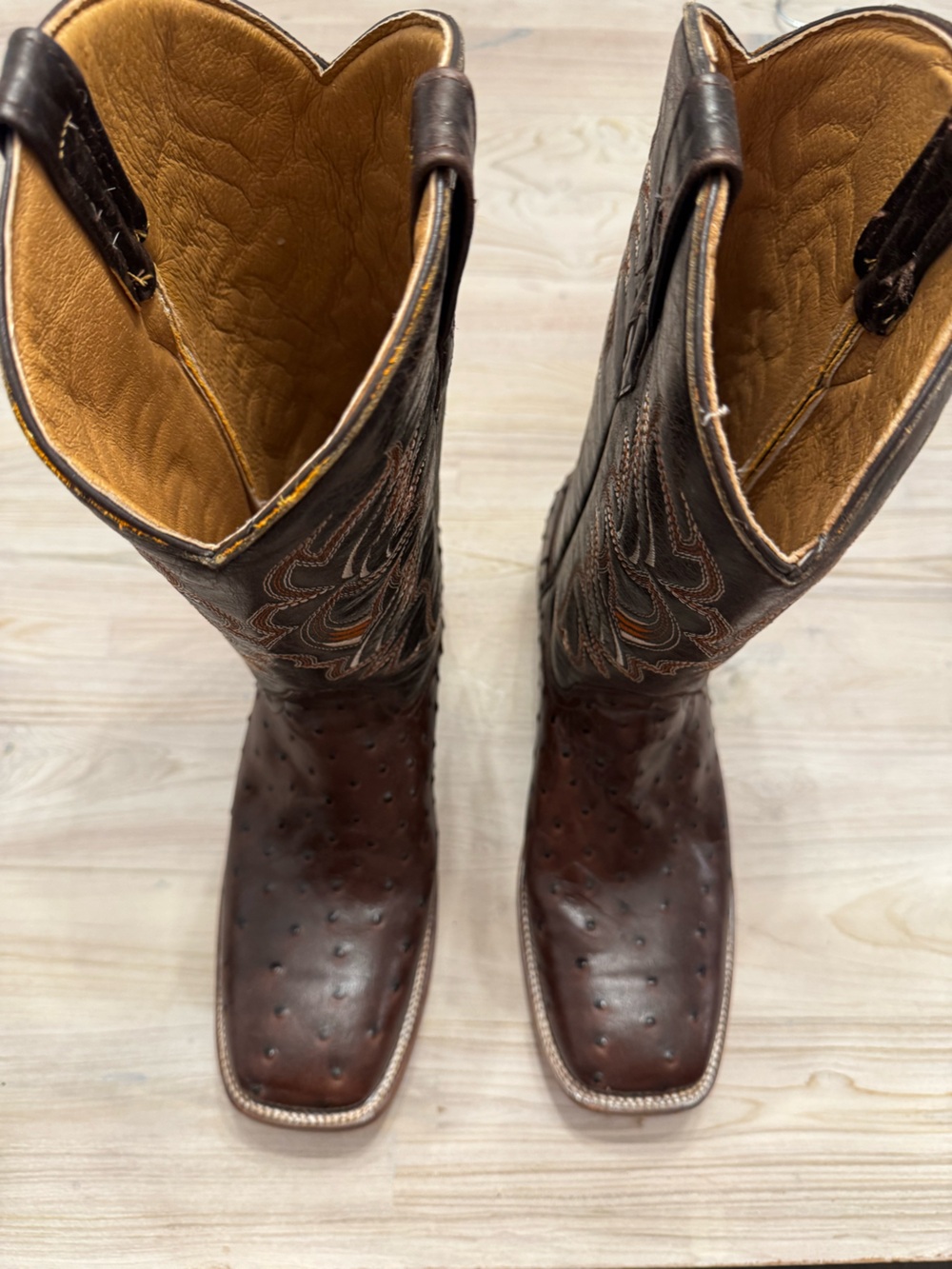Carreta Dark Brown Embossed Ostrich Western Boots with Tan Lining